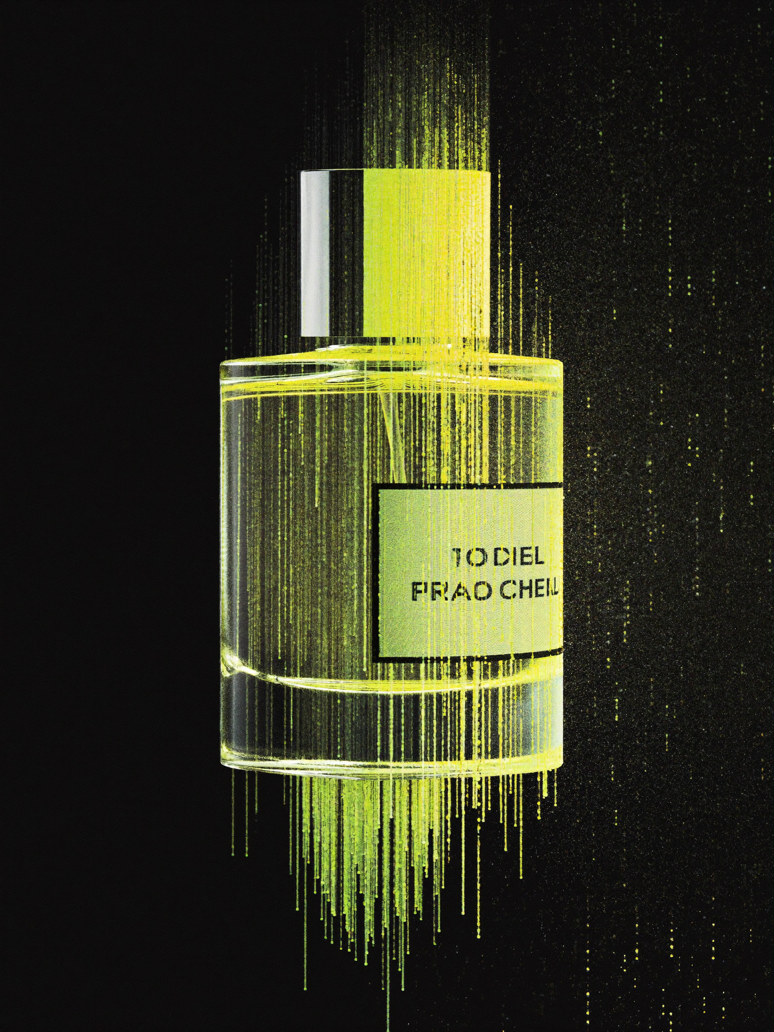 KI-generiertes Produktmotiv: Premium-Parfum-Flakon, halb real, halb aus leuchtenden Datenströmen — Inhouse-KI-Produktion von KIgrafie.